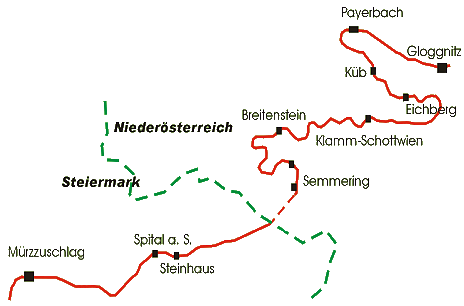 Übersichtskarte der Semmeringstrecke von Mürzzuschlag bis Gloggnitz.